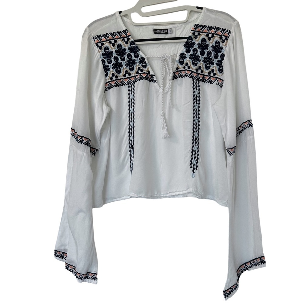 Earthbound Womens Bell Sleeve V Neck Cropped Blouse Size M